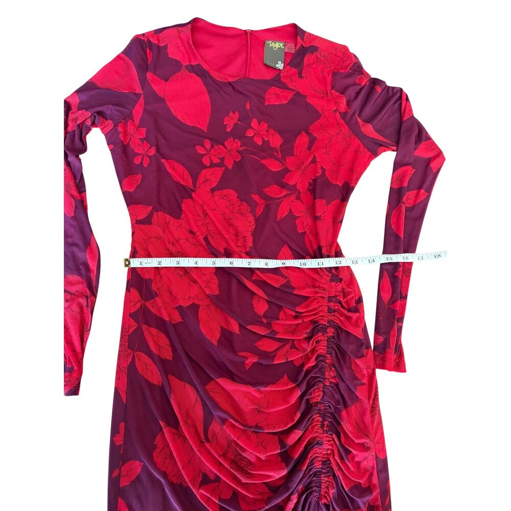 Taylor Women’s Purple/Red Long Sleeve Ruched Maxi Foral Dress, Size 4 - Picture 12 of 16
